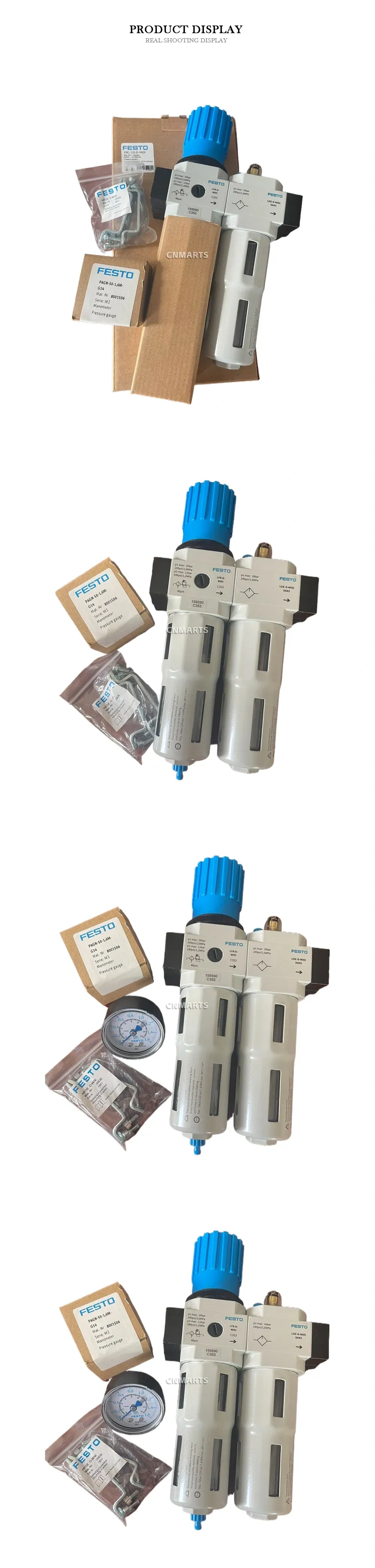 FESTO LFR-D-MIDI C353, LOE-D-MIDI D643, PAGN-50-1,6M-G14 Pneumatic Filter-Regulator-Lubricator (FRL) Unit with Pressure Gauge and Mounting Bracket Description