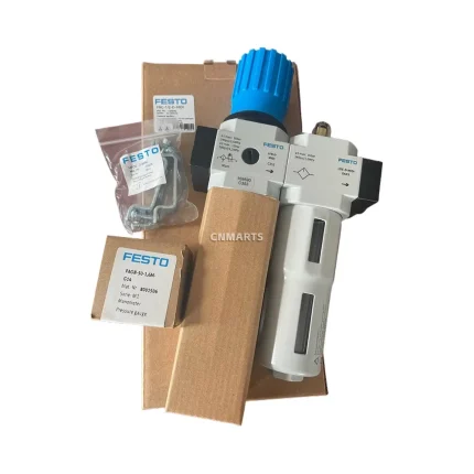 FESTO LFR-D-MIDI C353, LOE-D-MIDI D643, PAGN-50-1,6M-G14 Pneumatic Filter-Regulator-Lubricator (FRL) Unit with Pressure Gauge and Mounting Bracket