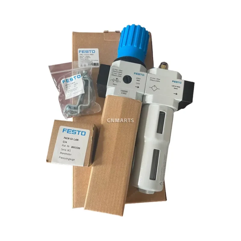 FESTO LFR-D-MIDI C353, LOE-D-MIDI D643, PAGN-50-1,6M-G14 Pneumatic Filter-Regulator-Lubricator (FRL) Unit with Pressure Gauge and Mounting Bracket