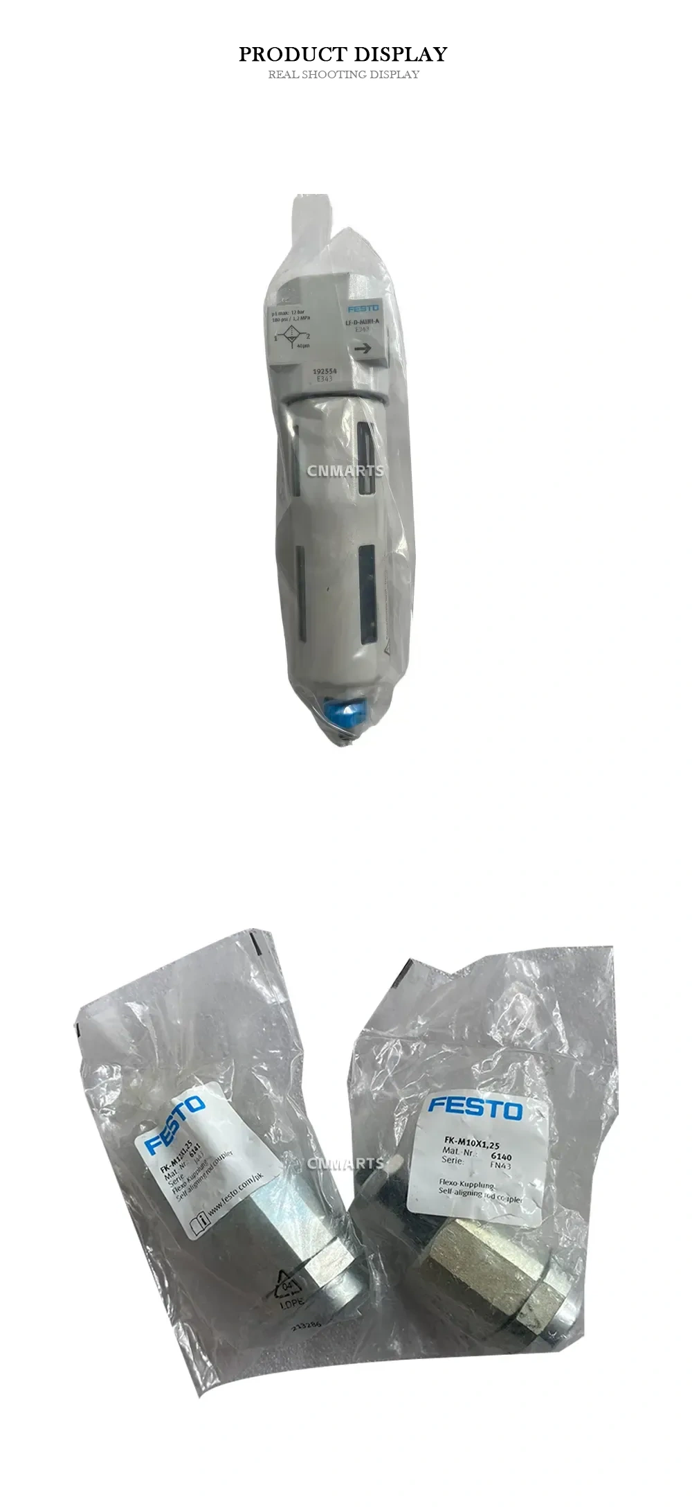 FESTO LF-D-MIDI-A, FK-M10X1.25, FK-M12x1.25 Pneumatic Filter and Self-Aligning Rod Couplers Description