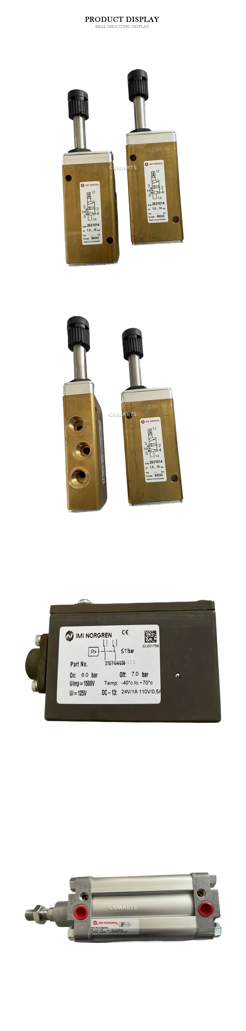 IMI NORGREN / IMI HERION 2631014, 21D1104/038, PRA/182080/M/80 Pneumatic Components Assortment (Valve, Pressure Switch, Cylinder) Description